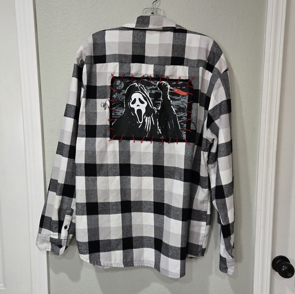 Scream Ghostface XL Long Sleeve Black White Plaid Flannel Shirt
